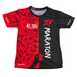 Camiseta de Running #SOYMARATON para Mujer - KAMUABU Rojo/Negro 110grs